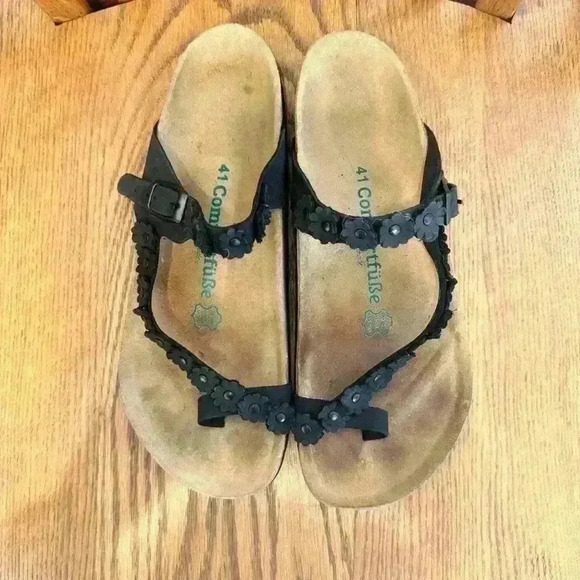 🌈 6/$60 ComfortfuBe Leather Flower Adjustable Sandal Slip On Black Tan Size 10 - Picture 8 of 8